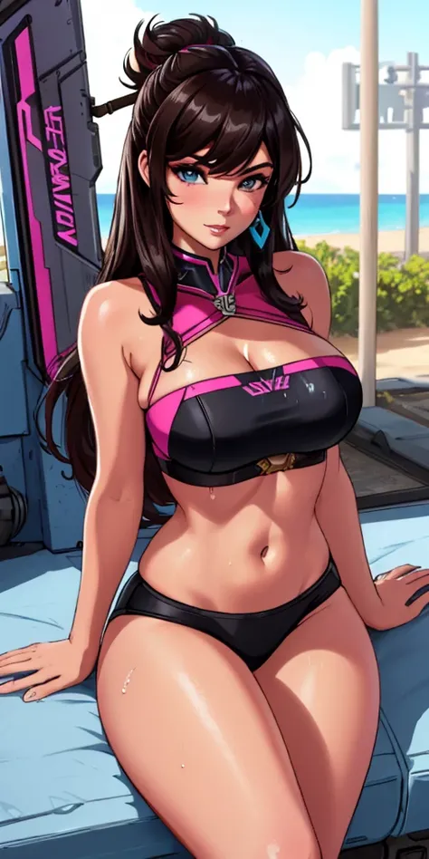 D.va overwatch style, d.va, Beautiful woman, mercenary, heroic, , sitting cross-legged, wet beachwear, long breasts, detailed realistic cyberpunk style, black hair, masterpiece, extreme quality, perfect eyes, perfect body, perfect face, cinematic light, di...