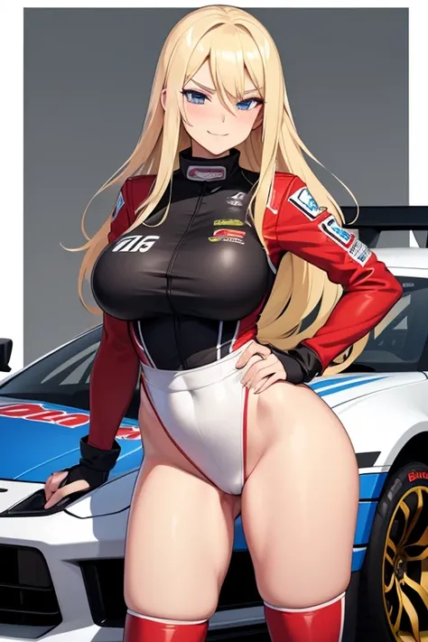 16, girl, long blonde hair, big breasts, seductive stance, smirking, no blush, naughty looking, teasing ,skin tight race car driver outfit covering entire body, on road, 