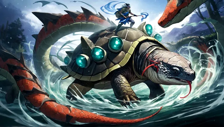 The giant turtle with a dragon head and a snake tail has many sharp spikes on its shell, controlling the power of water