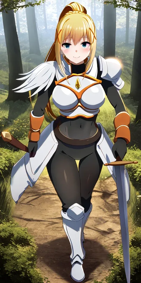 a woman wearing tight black clothing, white armor with orange details, blonde hair, ponytail hair, blue eyes, smiling, holding a...