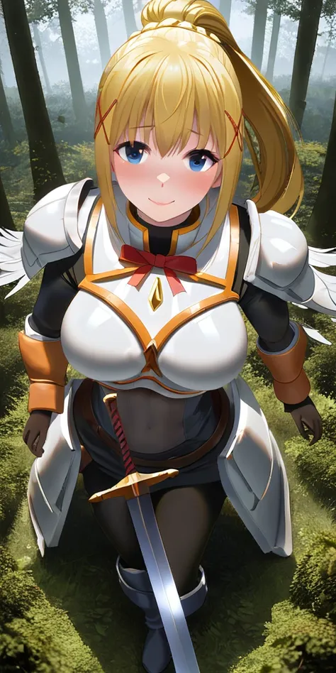 a woman wearing tight black clothing, white armor with orange details, blonde hair, ponytail hair, blue eyes, smiling, holding a...