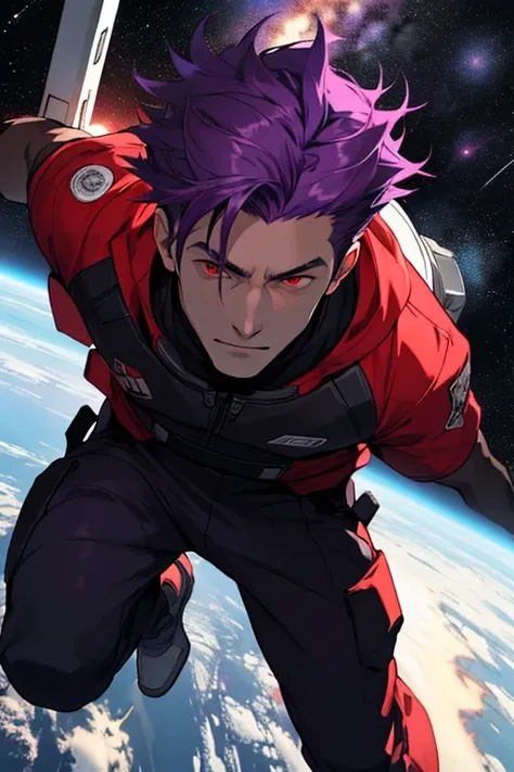 boy, red eyes, purple hair, handsome, High quality images, space