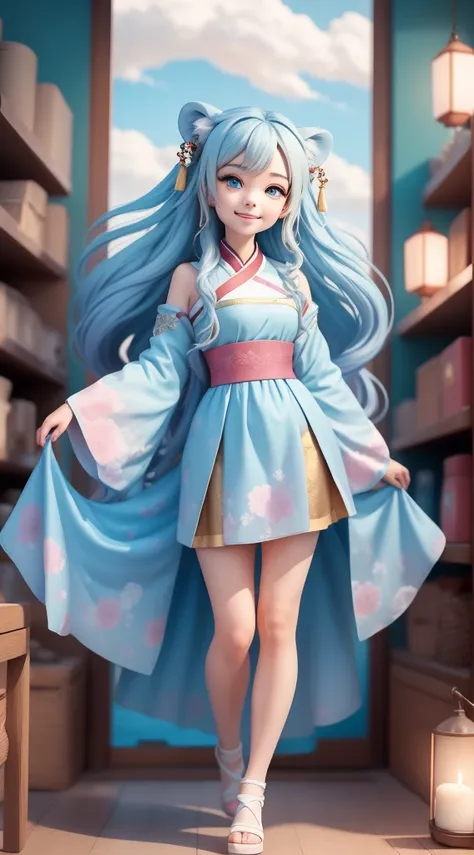 (masterpiece),(best quality),(Extremely detailed), (Full Body Love: 1.2), 1 cute girl, Big avatar，Qibi,Lovely, Very shy, Light blue curly hair,(beautiful eyes), Hanfu,Blue shirt, Pink skirt, lion, (坐在lion背上), Smile happily, Fly over the clouds，There are so...