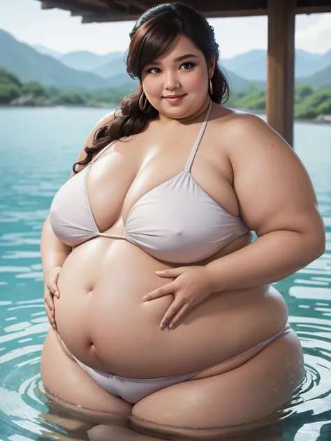 One woman in the scene, Elsa, bbw, fat, obese, overweight, bikini, big pregnant belly, protruding navel, make-up, subtle smile, onsen, sweating 