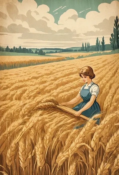 poster in the style of Soviet painting of the 1960s. poster theme - wheat harvest