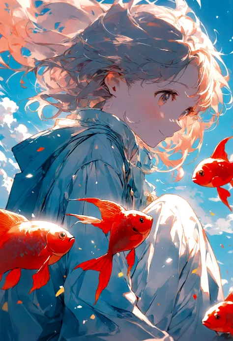 2D illustration, a Chinese youth sitting on a red goldfish, flying in the air, looking happily and firmly above, blue sky and white clouds in the background, close-up of the character, depth of field effect, soft light, vibrant colors, relaxed atmosphere, ...