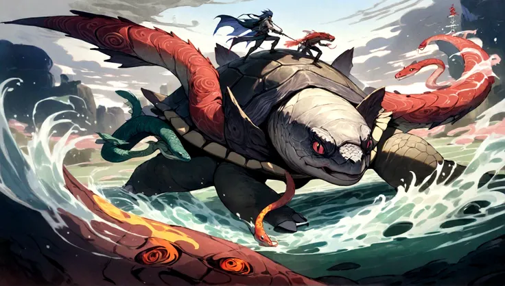 The giant turtle with a dragon head and a snake tail has many sharp spikes on its shell, controlling the power of water