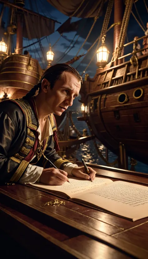 Cinematic style, Julius Caesar writing poetry on a pirate ship, background dark, hyper realistic, ultra detailed hyper realistic, photorealistic, Studio Lighting, reflections, dynamic pose, Cinematic, Color Grading, Photography, Shot on 50mm lens, Ultra-Wi...