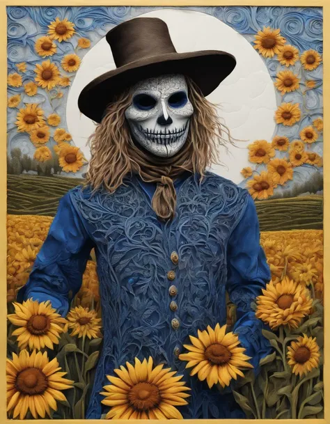 intricate a scarecrow standing in blue flower field under the sun, look at viewer, charcoal, hyper detailed quilling, pyschedelic, vibrant, seb mckinnon