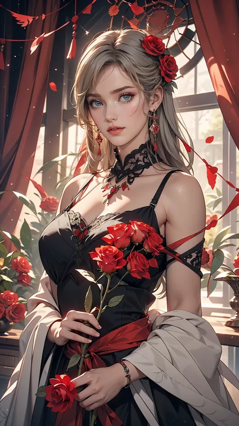 (highest quality, masterpiece), (One girl, alone, Black Dress, Are standing , View Viewer, Gray Hair, Red eyes, Holding roses, Mouth closed, Upper Body), (Red dream catcher behind, Red flower, )