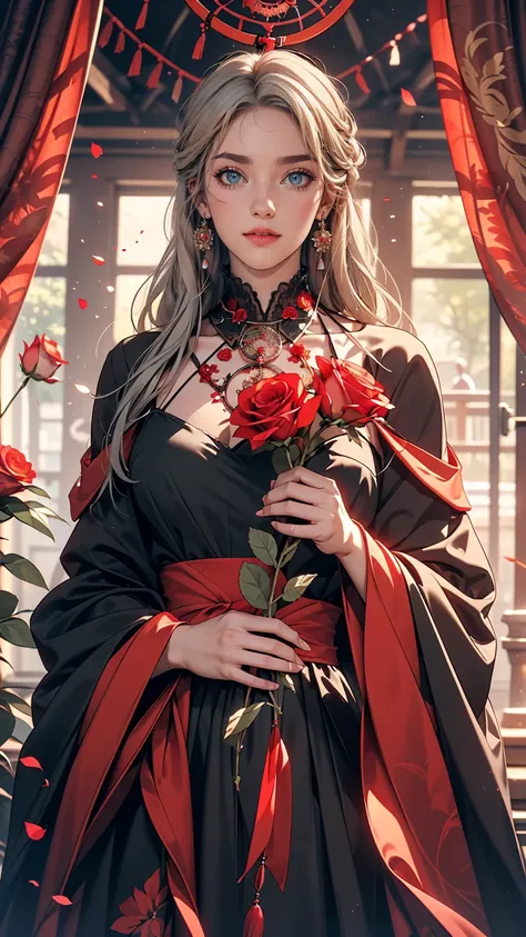 (highest quality, masterpiece), (One girl, alone, Black Dress, Are standing , View Viewer, Gray Hair, Red eyes, Holding roses, Mouth closed, Upper Body), (Red dream catcher behind, Red flower, )