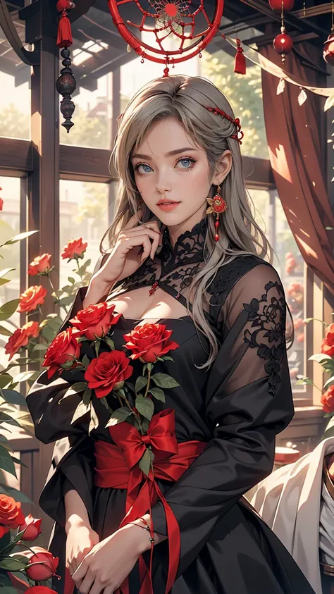 (highest quality, masterpiece), (One girl, alone, Black Dress, Are standing , View Viewer, Gray Hair, Red eyes, Holding roses, Mouth closed, Upper Body), (Red dream catcher behind, Red flower, )