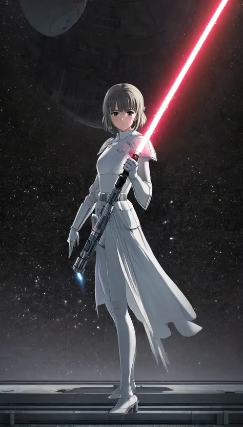 masterpiece, best quality, score_9, score_8_up, score_7_up, source anime, perfect anatomy, rating safe, 1girl, knight lady stands in death stars floor with both hands on her light saber at the ready,