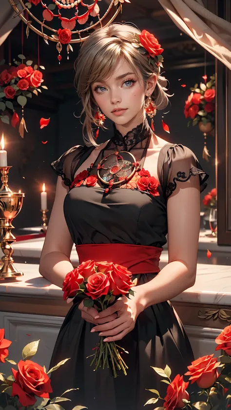 (highest quality, masterpiece), (One girl, alone, Black Dress, Are standing , View Viewer, Gray Hair, Red eyes, Holding roses, Mouth closed, Upper Body), (Red dream catcher behind, Red flower, )