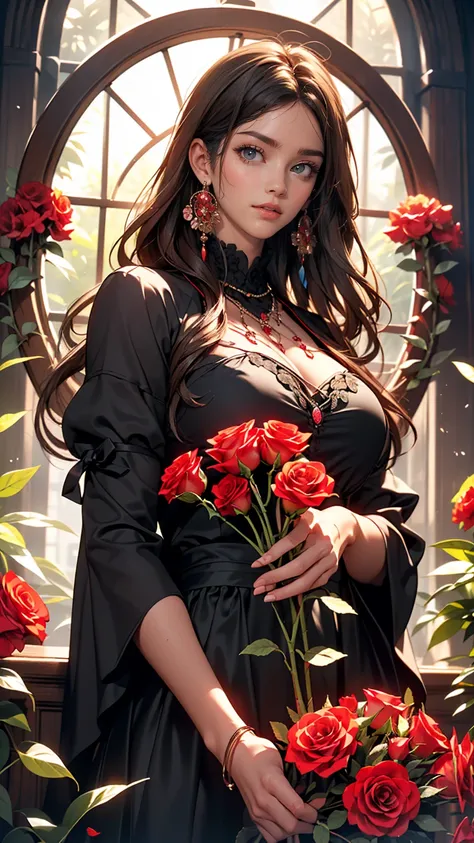 (highest quality, masterpiece), (One girl, alone, Black Dress, Are standing , View Viewer, Gray Hair, Red eyes, Holding roses, Mouth closed, Upper Body), (Red dream catcher behind, Red flower, )