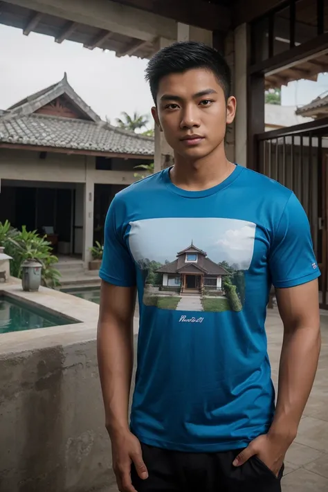 Realistic Photography, Beautiful Young indonesia chinese male, modern tshirt rip curl with inside house as background