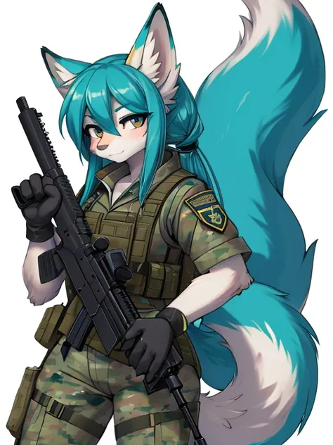 Miku Hatsune, alta definicion, orejas de kitsune, white body, fluffy tail, military, give up sniper rifle