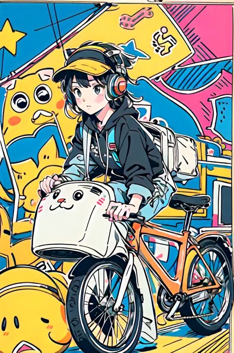 Cute girl,cat,Bike,headphones,doodle in the style of Keith Haring,sharpie illustration,solid colors,in the style of grunge beauty,mixed patterns,text and emoji installations,