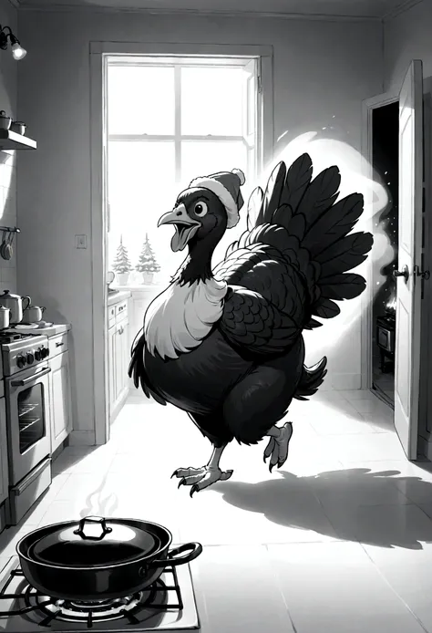 black and white drawing - cartoon - Christmas turkey running away from the stove