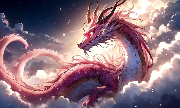 Pink dragon god, gentle gaze, fantastic background, moonlight background, sea of ​​clouds background, golden splashes, mysterious, sacred light, mythical creature, traditional Chinese dragon, mythology, speckled light, hazy haze, mysterious aura, masterpie...