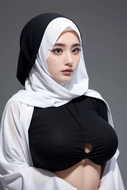 She wears a veil that hides her face.white black Muslim clothes 、Eyes are hidden, big breast