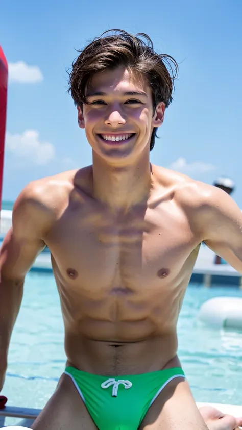 male Age 20 swimwear lifeguard topless smile