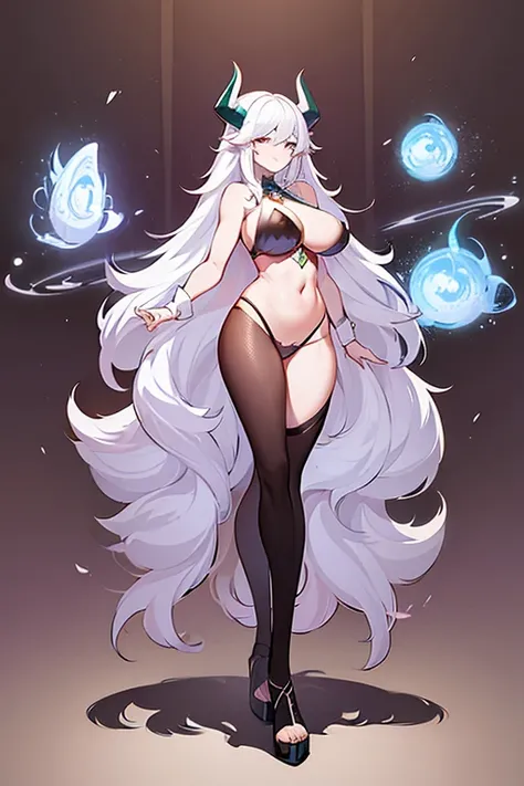 Cartoon drawing of a woman with long hair and horns, Concept art by Kamagurka, Pixiv, creation, White-haired God, Full Body Commission, A strong and plump female magician, , Full-body portrait of an elementalist, Dark magician full body pose, Anime female ...