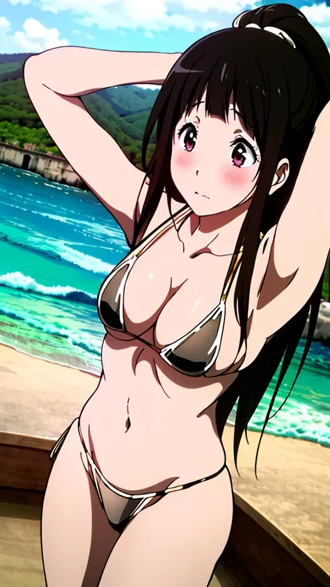 (masterpiece, 4K, highest quality, anime style: 1.9, Detailed face, Lovely, Ocean,Bold Line, High resolution, anime, Lake 4. alone, Curvaceous, slim,Cleavage, Center of chest, Embarrassed face,非常にslimなお腹, Cowboy Shot,(((Gold Bikini))),1 girl,Black Hair, Lo...