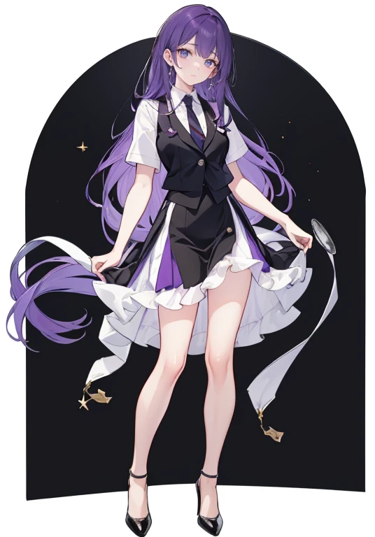 ((Perfect Face)),Purple Hair,voluminous long hair,Adult female,bartender,suit,Black vest,((A shirt with rolled up sleeves)),tie,skirt,slit,High heels,,((Simple Background)),smile,((Full Body)),((full body)),Character portrait,virtual,upright,,Both arms are...