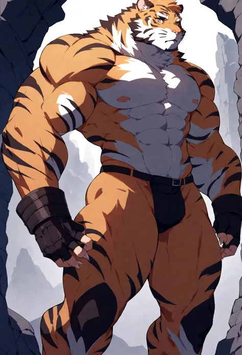 an imposing, muscualar male furry tiger man, skinny, athletic, wearing leather fingerless gauntlets