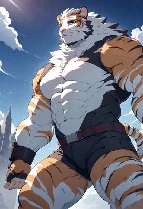 an imposing, muscualar male furry tiger man, skinny, athletic, wearing leather fingerless gauntlets