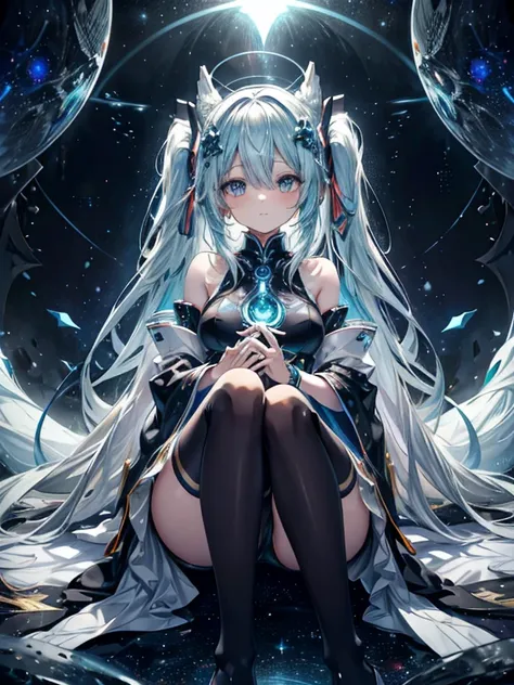  Miku Hatsune, agua&blanco, alta definicion, orejas de kitsune, tatuaje dorado, tatuaje tribal, vista cuerpo completo, patas hermosas,mirada intimidante, Ojos azules profundos, aura magica, kitsune espacial, mystical aura, mystical aura, cola larga y espon...