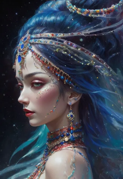 illustration fog, starlight, beautiful oriental dancer, beads and rhinestones in her hair, transparent upper part, the whole body is visible. mystical, beautiful trash art painting clear details, fractals, jewelry, lapis lazuli pearls, rhinestones and thre...