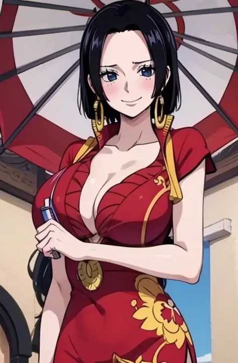 Red Chinese dress, 1 Girl, Solitary, Black Hair, short hair, Upper Body, Smile, parasol, Become a, Huge breasts (((Cleavage)))(National Foundation:1.5)