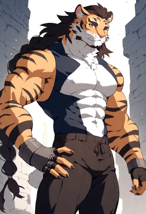 an imposing, muscualar male furry tiger man, skinny, athletic, wearing leather fingerless gauntlets, has long braided dreadlocks