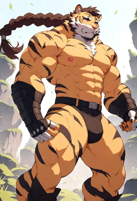 an imposing, muscualar male furry tiger man, skinny, athletic, wearing leather fingerless gauntlets, has long braided dreadlocks