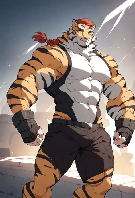 an imposing, muscualar male furry tiger man, skinny, athletic, wearing leather fingerless gauntlets, has long braided dreadlocks