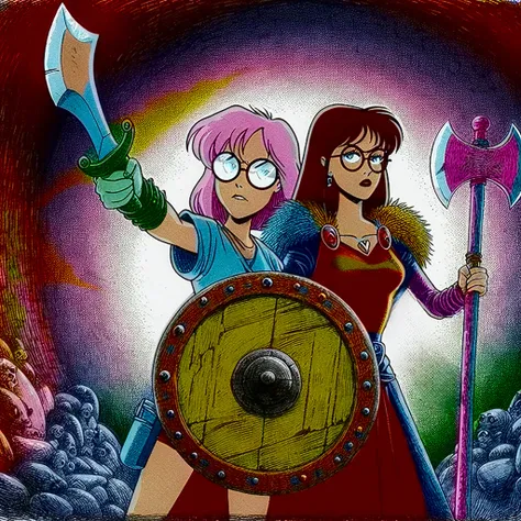 Daria Morgendorffer and Jane Lane as warriors in the style of MTVs animated show Daria, with shield and hatchet, hand-drawn in 90s style, with surreal and absurd elements, no light source, UV rays across face, rich color grading, cel shading, VHS glitch ef...