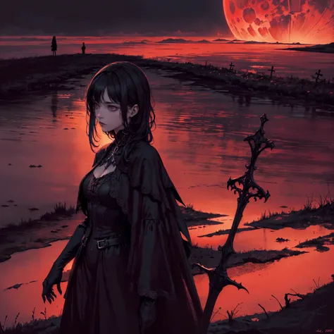 best quality, 4k, High resolution, masterpiece:1.2, Extremely detailed, Practical:1.37, Mood lighting, girl, Crucified, Pitch black sky, Red Moonlight, Weird atmosphere, Gothic style, Unforgettable beauty, Dramatic shadows, Ethereal Light, Mysterious atmos...