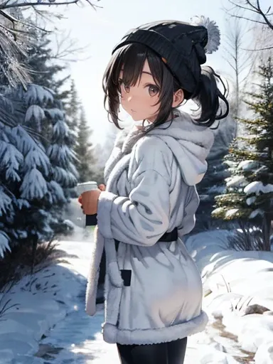 Confused , High resolution, (Very detailed:1.2), girl, 
break fluffy robe, leggings, Slipper boots,
break
,Black Hair, ponytail, smile, Fine Eyes, Blue Iris, beanie
break
,winter, trees covered in snow, snow, snowy bushes