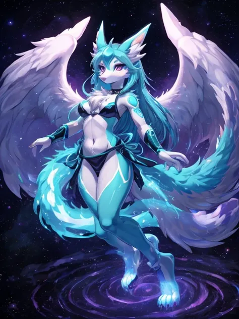  Miku Hatsune,suicune pokemon agua&blanco, alta definicion, orejas de kitsune, tatuaje dorado, tatuaje tribal, vista cuerpo completo, patas hermosas,mirada intimidante, Ojos azules profundos, aura magica, kitsune espacial, mystical aura, mystical aura, col...