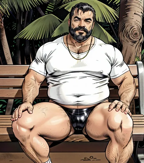 He is sitting with his legs open and resting one arm on the park bench., He is a chubby man barbudo fios grisalho , with extremely thick thighs, a large belly, fat, 50 years old, bearded, with a huge beard, wearing an open, unbuttoned plaid t-shirt, (matur...