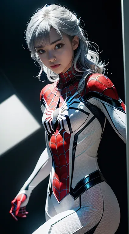 (Extreme Detail CG Unity 8K wallpaper、​masterpiece、top-quality)、(exquisite lighting and shadow、highly dramatic picture、cinematic lens effects)、Cute girl in white Spider-Man costume、Silver-gray hair color、Spider-Man Parallel Universes、Wenger、Marvel、spider-m...