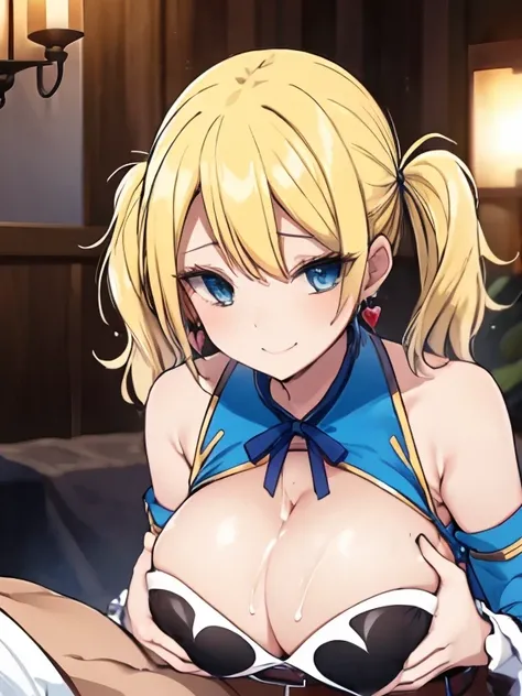 {{{masterpiece}}}, {{{highest quality}}}, {{Very detailed}}, {shape},(highest quality:1.3), lucy heartfilia, Blonde girl with  twintails gives titjob, Blonde Hair, Long Hair,  Blue Ribbon, Big ample breasts, Earrings, throw, 1 boy,  Penis between breasts, ...