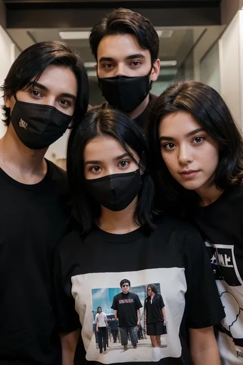 T-shirt of four people taking a photo, ((two boy black hair) and (two girl)), black masker