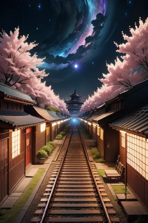 There is a train running along the tracks, Sakura flowers flying, Cherry tree, Pink, Universe sky, arte conceitual de Xin Haicheng, tumblr, Magical Realism, Beautiful anime dinner, Universe sky. Por Xin Haicheng, ( ( Xin Haicheng ) ), Anime Background艺术, a...