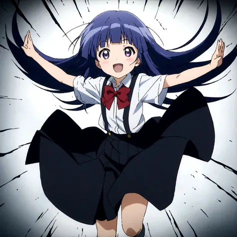 score_9,score_8, score_8_up, BREAK 1girl, solo, furude rika, (tween), kawaii, blue hair, purple eyes, long hair, blunt bangs, bangs,, bow, skirt, shirt, suspenders, smile, short sleeves, pleated skirt, white shirt, open mouth, :d, red bow, facing viewer,^_...