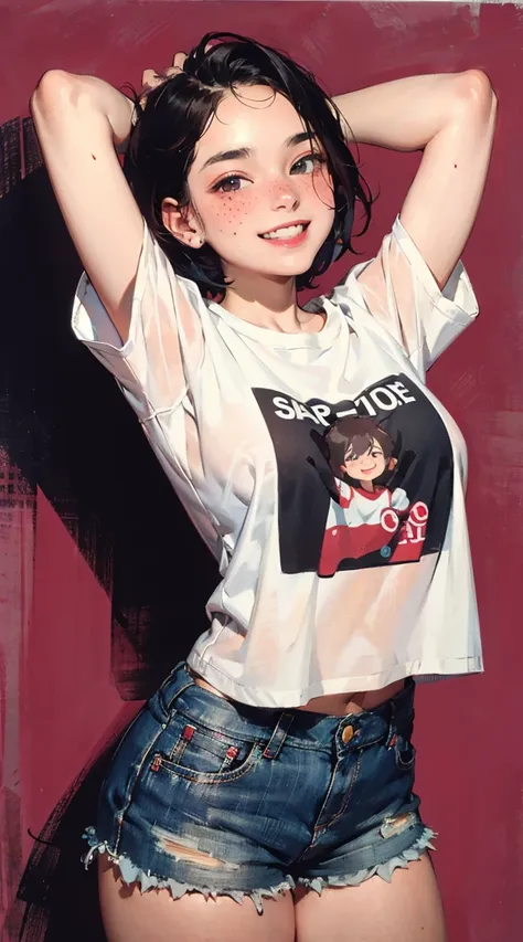 (best quality, masterpiece), 1 twenty years old woman, arms up hands behind head, smile, laughing, huge over-sized t-shirt, shorts, dark pixie haircut, freckles, blush, looking at viewer, cutesy, alluring eyes...