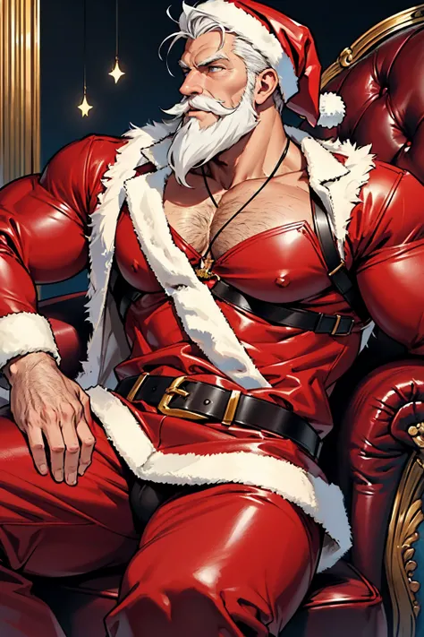 Middle-aged man, short white hair, white mustache, handsome masculine face, perverted expression, white beard, muscular body, huge chest, huge biceps, gray body hair, blue eyes and muscular thighs. He is wearing a sexual Santa Claus costume, wearing a blac...