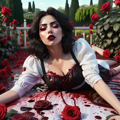 Relistic photography of a woman lying on a bed of blood with a rose garden in the background, Horrible background, horror!! Highly detailed, cursed images, still from animated horror movie, Gapmoe Yandere, Laying on roses, Detailed digital art, Her eyes bl...